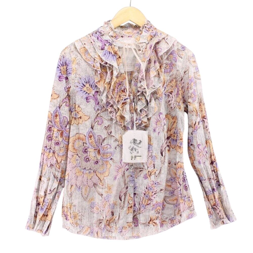 Cino NWT Ruffle Shirt Long Sleeve XS Floral Crinkle Pastel Romantic Boho Cotton